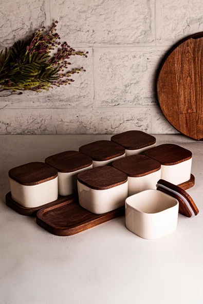 Snippy Luma Beyaz - 10 Parça Tepsili Ahşap Vakumlu Kapaklı Seramik Kahvaltılık Kase Çerezlik 300 ml - 3