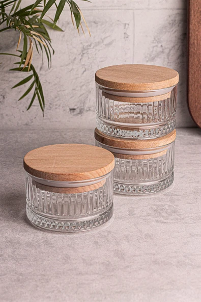 Snippy Bella Soft 3'lü Ahşap Vakumlu Kapaklı Cam Kahvaltılık Çok Amaçlı Cam Çerezlik 235 ml - Resim 3