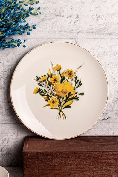 Snippy Flowy - 6 Parça Porselen Kahvaltı Takımı Pasta Seti Kenarları Silik Vintage Tuval Model Tabak 21cm - 5