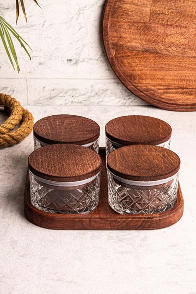 Snippy Milla Kare Tepsili 4'lü Ahşap Vakumlu Kapaklı Cam Kahvaltılık Çok Amaçlı Cam Çerezlik 230 ml - Resim 4