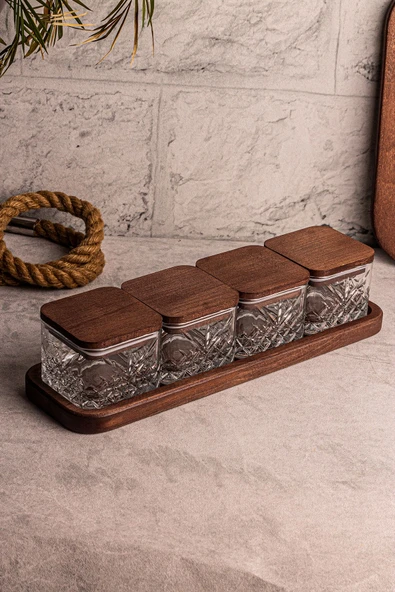 Snippy Milla Kare 5 Parça Tepsili Ahşap Vakumlu Kapaklı Cam Kahvaltılık Çok Amaçlı Cam Çerezlik 230ml - Resim 3