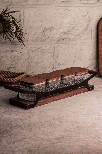 Snippy Grade Milla Kare 5 Parça Tepsili Ahşap Vakumlu Kapaklı Tepsili Cam Kahvaltılık Çerezlik 230 ml - Resim 5