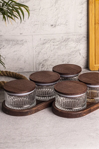 Snippy Bella 8 Parça Tepsili Ahşap Vakumlu Kapaklı Cam Kahvaltılık Çok Amaçlı Cam Çerezlik 235ml - 4