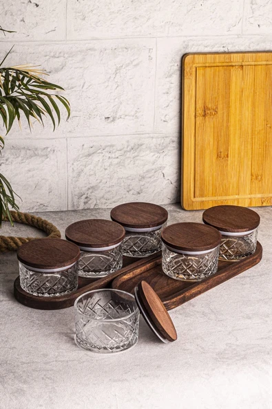Snippy Milla 8 Parça Tepsili Ahşap Vakumlu Kapaklı Cam Kahvaltılık Çok Amaçlı Cam Çerezlik 230ml - 7