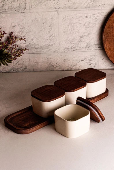 Snippy Luma Beyaz - 5 Parça Tepsili Ahşap Vakumlu Kapaklı Seramik Kahvaltılık Kase Çerezlik 300 ml - 2