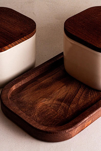 Snippy Luma Beyaz - 4 Parça Tepsili Ahşap Vakumlu Kapaklı Seramik Kahvaltılık Kase Çerezlik 300 ml - 7