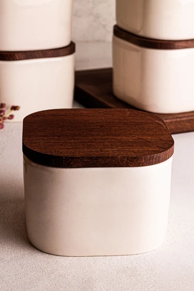 Snippy Luma Beyaz - 6'lı Ahşap Vakumlu Kapaklı Seramik Kahvaltılık Çok Amaçlı Seramik Kase Çerezlik 300 ml - 8