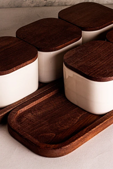 Snippy Luma Beyaz - 10 Parça Tepsili Ahşap Vakumlu Kapaklı Seramik Kahvaltılık Kase Çerezlik 300 ml - 4