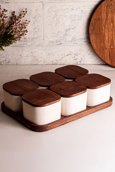 Snippy Luma Beyaz - Dikdörtgen Tepsili 6'lı Ahşap Vakumlu Kapaklı Seramik Kahvaltılık Kase Çerezlik 300 ml - 7