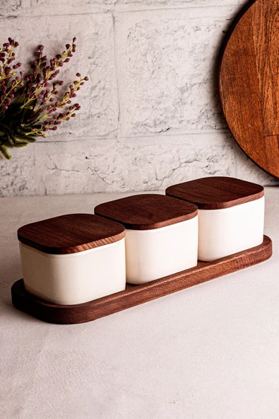 Snippy Luma Beyaz - 4 Parça Tepsili Ahşap Vakumlu Kapaklı Seramik Kahvaltılık Kase Çerezlik 300 ml