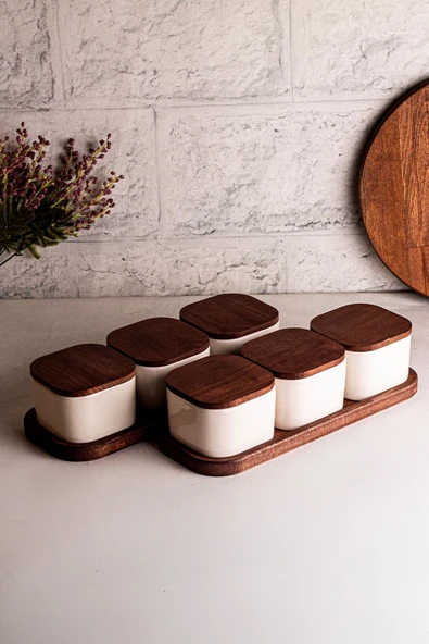 Snippy Luma Beyaz - 8 Parça Tepsili Ahşap Vakumlu Kapaklı Seramik Kahvaltılık Kase Çerezlik 300 ml - 4