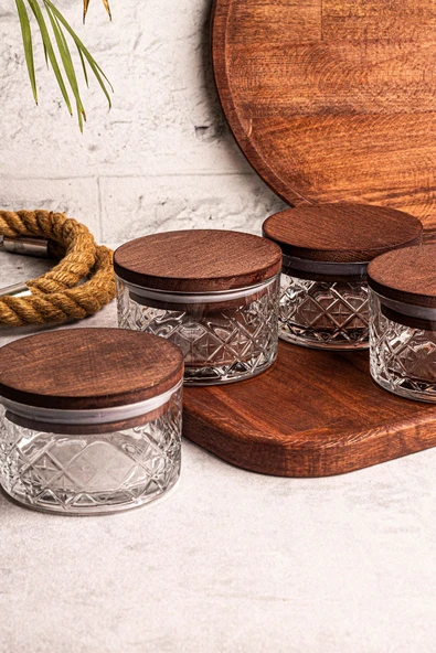 Snippy Milla Kare Tepsili 4'lü Ahşap Vakumlu Kapaklı Cam Kahvaltılık Çok Amaçlı Cam Çerezlik 230 ml - Resim 7