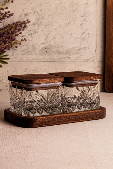 Snippy Milla Kare - 2'li Ahşap Standlı Vakumlu Kapaklı Cam Çerezlik Cam Kase Kahvaltılık 230 ml