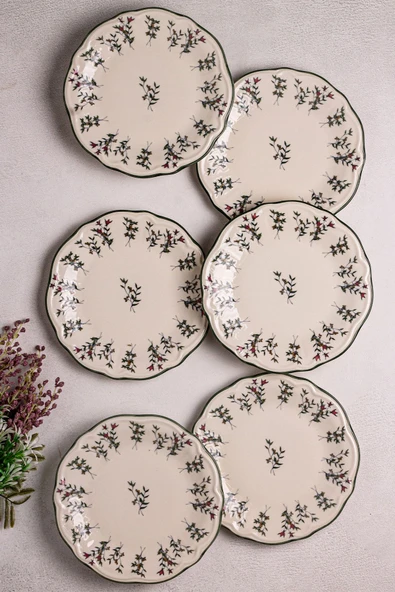 Snippy Khaki - 6 Parça Porselen Kahvaltı Takımı Pasta Seti Tabağı Tatlı Tabağı Kahvaltılık Tabak 21cm