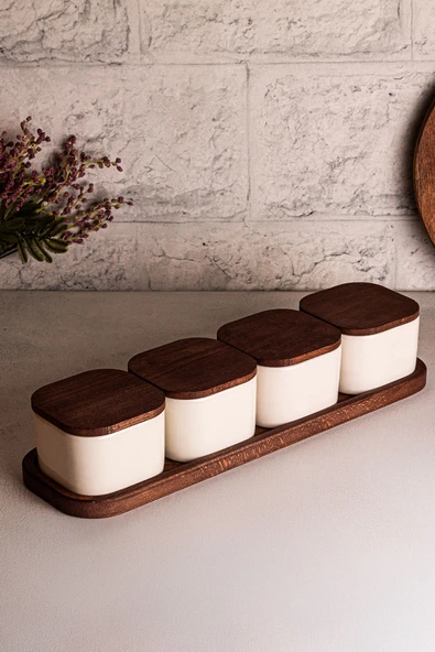 Snippy Luma Beyaz - 5 Parça Tepsili Ahşap Vakumlu Kapaklı Seramik Kahvaltılık Kase Çerezlik 300 ml - 6
