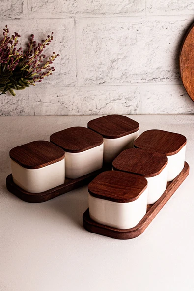 Snippy Luma Beyaz - 8 Parça Tepsili Ahşap Vakumlu Kapaklı Seramik Kahvaltılık Kase Çerezlik 300 ml - 7