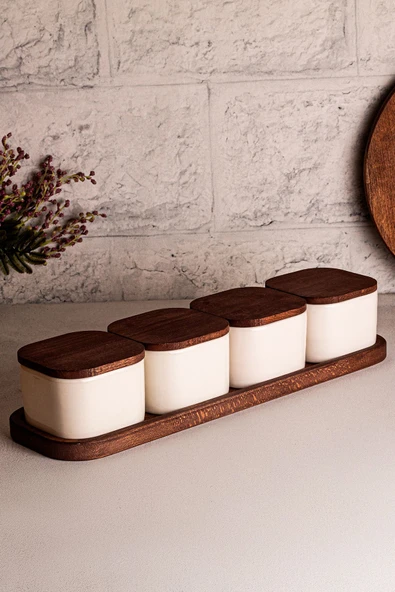 Snippy Luma Beyaz - 5 Parça Tepsili Ahşap Vakumlu Kapaklı Seramik Kahvaltılık Kase Çerezlik 300 ml