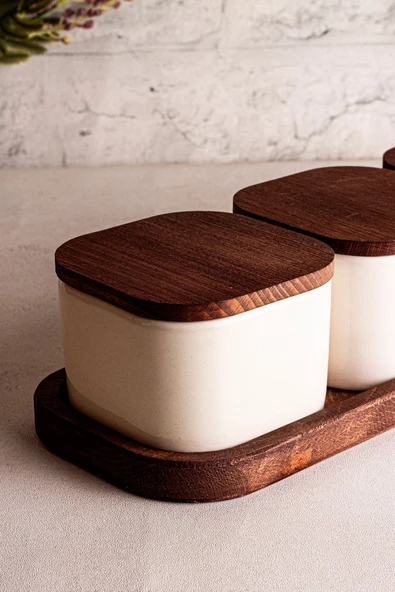 Snippy Luma Beyaz - 4 Parça Tepsili Ahşap Vakumlu Kapaklı Seramik Kahvaltılık Kase Çerezlik 300 ml - 5