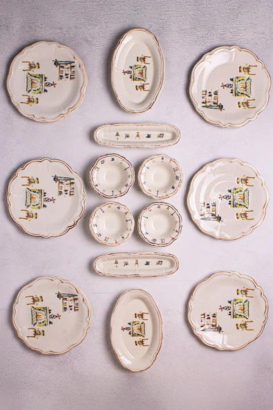 Snippy Family-14 Parça Porselen Kenarları Silik Vintage Tuval Model Kahvaltı Takımı 6 Kişilik Kahvaltı Seti