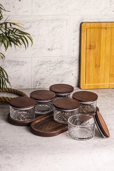 Snippy Milla 8 Parça Tepsili Ahşap Vakumlu Kapaklı Cam Kahvaltılık Çok Amaçlı Cam Çerezlik 230ml - 3