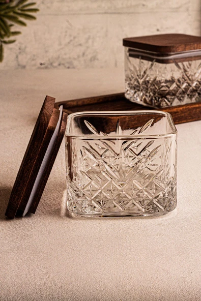 Snippy Milla Kare - 2'li Ahşap Standlı Vakumlu Kapaklı Cam Çerezlik Cam Kase Kahvaltılık 230 ml - 4