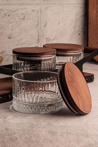Snippy Grade Bella Yuvarlak 4 Parça Tepsili Ahşap Vakumlu Kapaklı Tepsili Cam Kahvaltılık Çerezlik 235 ml - 8