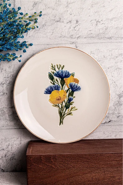 Snippy Flowy - 6 Parça Porselen Kahvaltı Takımı Pasta Seti Kenarları Silik Vintage Tuval Model Tabak 21cm - 4