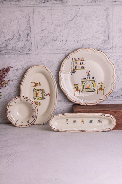 Snippy Family-14 Parça Porselen Kenarları Silik Vintage Tuval Model Kahvaltı Takımı 6 Kişilik Kahvaltı Seti - 2