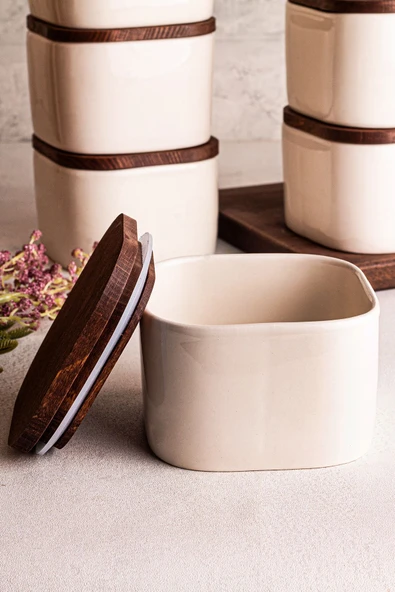 Snippy Luma Beyaz - 6'lı Ahşap Vakumlu Kapaklı Seramik Kahvaltılık Çok Amaçlı Seramik Kase Çerezlik 300 ml - 5