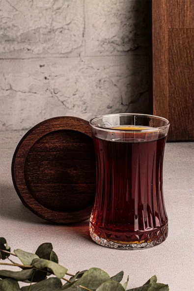 Snippy Bella 6 lı Cam Çay Seti 12 Parça Ahşap Altlık Cam Çay Takımı Seti 6 Kişilik Çay Tabak - 6