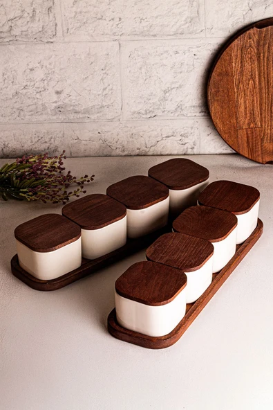 Snippy Luma Beyaz - 10 Parça Tepsili Ahşap Vakumlu Kapaklı Seramik Kahvaltılık Kase Çerezlik 300 ml - 5