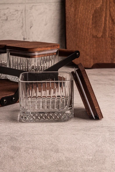 Snippy Grade Bella Kare 4'lü Kare Tepsili Ahşap Vakumlu Kapaklı Tepsili Cam Kahvaltılık Çerezlik 230 ml - 4