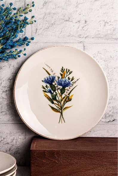 Snippy Flowy - 6 Parça Porselen Kahvaltı Takımı Pasta Seti Kenarları Silik Vintage Tuval Model Tabak 21cm - 3