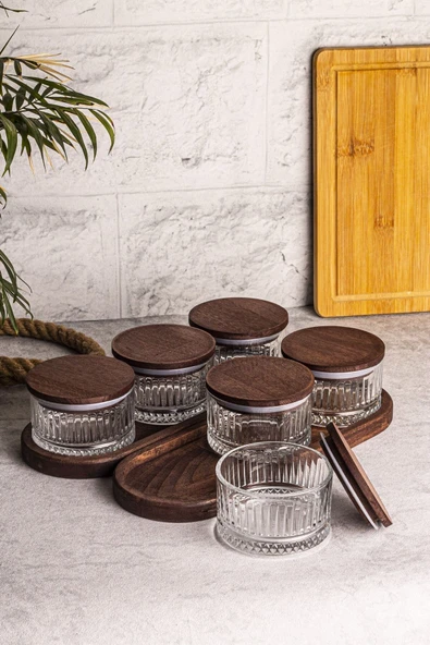 Snippy Bella 8 Parça Tepsili Ahşap Vakumlu Kapaklı Cam Kahvaltılık Çok Amaçlı Cam Çerezlik 235ml - 8