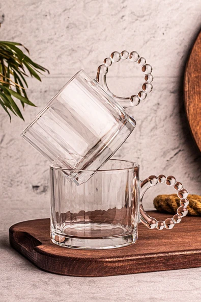 Snippy Cuppy - 2 Adet Cam Bardak Boncuk Kulplu Kupa Çay Kahve Meşrubat Bardağı 300 ml