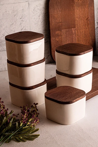 Snippy Luma Beyaz - 6'lı Ahşap Vakumlu Kapaklı Seramik Kahvaltılık Çok Amaçlı Seramik Kase Çerezlik 300 ml - 3