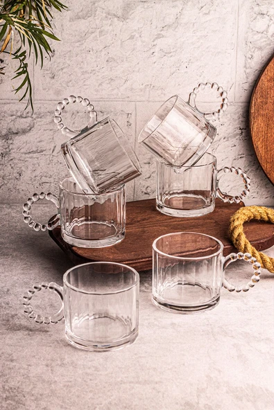 Snippy Cuppy - 6 Adet Cam Bardak Boncuk Kulplu Kupa Çay Kahve Meşrubat Bardağı 300 ml - 4
