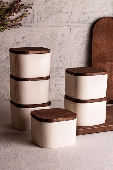 Snippy Luma Beyaz - 6'lı Ahşap Vakumlu Kapaklı Seramik Kahvaltılık Çok Amaçlı Seramik Kase Çerezlik 300 ml