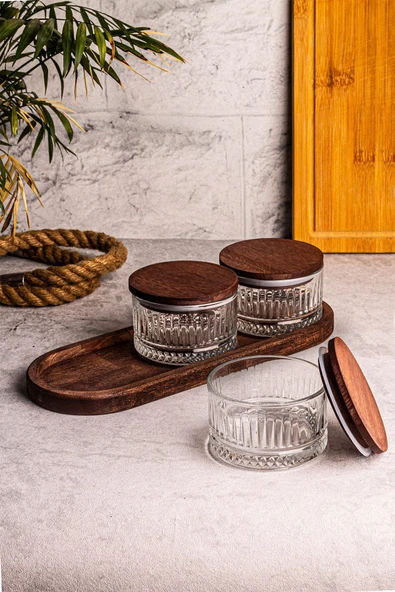 Snippy Bella 4 Parça Tepsili Ahşap Vakumlu Kapaklı Cam Kahvaltılık Çok Amaçlı Cam Çerezlik 235 ml - 2