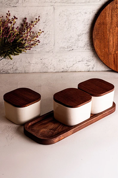 Snippy Luma Beyaz - 4 Parça Tepsili Ahşap Vakumlu Kapaklı Seramik Kahvaltılık Kase Çerezlik 300 ml - 3