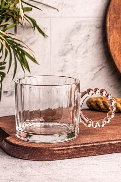 Snippy Cuppy - 2 Adet Cam Bardak Boncuk Kulplu Kupa Çay Kahve Meşrubat Bardağı 300 ml - 2