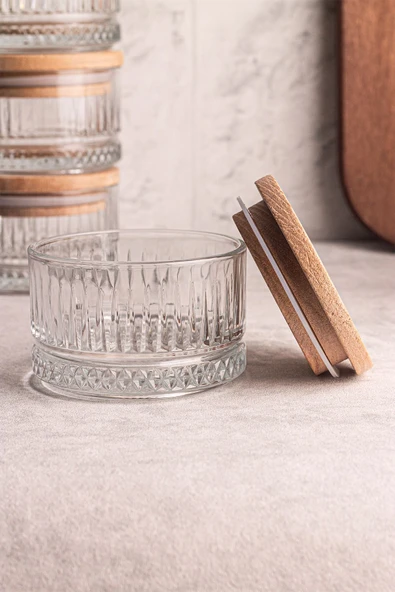 Snippy Bella Soft 3'lü Ahşap Vakumlu Kapaklı Cam Kahvaltılık Çok Amaçlı Cam Çerezlik 235 ml - Resim 2