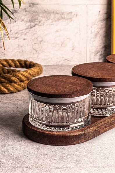 Snippy Bella 4 Parça Tepsili Ahşap Vakumlu Kapaklı Cam Kahvaltılık Çok Amaçlı Cam Çerezlik 235 ml - 3