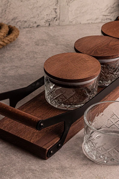 Snippy Grade Milla Yuvarlak 10 Parça Tepsili Ahşap Vakumlu Kapaklı Tepsili Cam Kahvaltılık Çerezlik 235 ml - 4