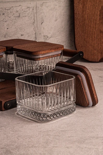 Snippy Grade Bella Kare 4'lü Kare Tepsili Ahşap Vakumlu Kapaklı Tepsili Cam Kahvaltılık Çerezlik 230 ml - 2