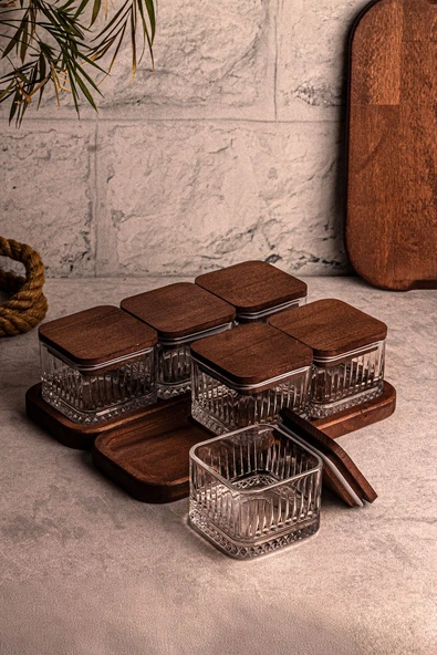 Snippy Bella Kare 8 Parça Tepsili Ahşap Vakumlu Kapaklı Cam Kahvaltılık Çok Amaçlı Cam Çerezlik 230ml - Resim 3