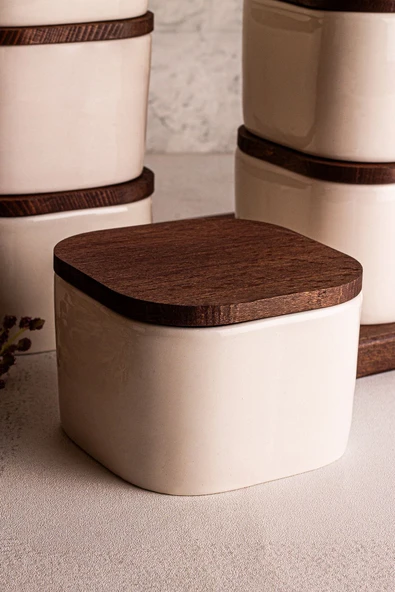 Snippy Luma Beyaz - 6'lı Ahşap Vakumlu Kapaklı Seramik Kahvaltılık Çok Amaçlı Seramik Kase Çerezlik 300 ml - 7