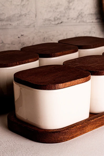 Snippy Luma Beyaz - 10 Parça Tepsili Ahşap Vakumlu Kapaklı Seramik Kahvaltılık Kase Çerezlik 300 ml - 7