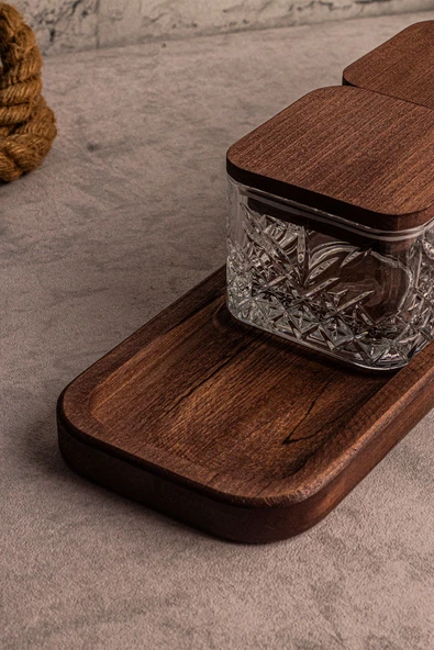 Snippy Milla Kare 5 Parça Tepsili Ahşap Vakumlu Kapaklı Cam Kahvaltılık Çok Amaçlı Cam Çerezlik 230ml - Resim 6