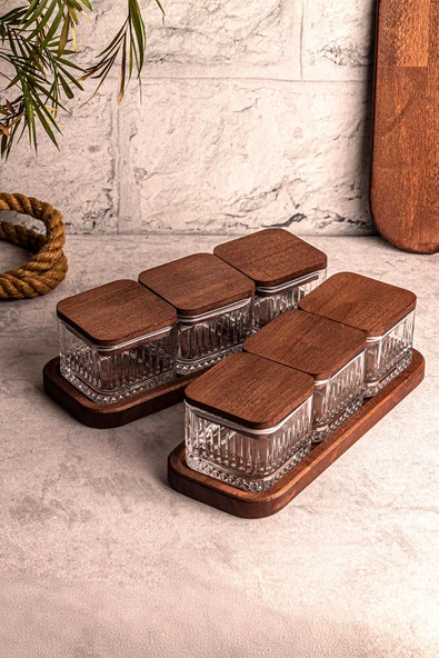 Snippy Bella Kare 8 Parça Tepsili Ahşap Vakumlu Kapaklı Cam Kahvaltılık Çok Amaçlı Cam Çerezlik 230ml - Resim 8